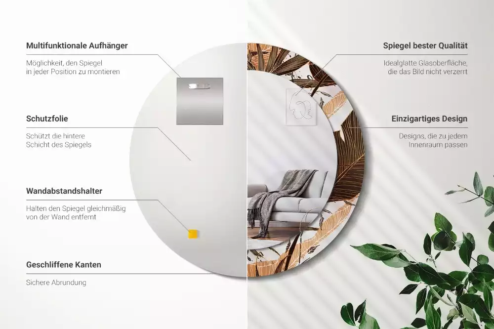 Oglindă rotundă imprimată Frunze de palmier