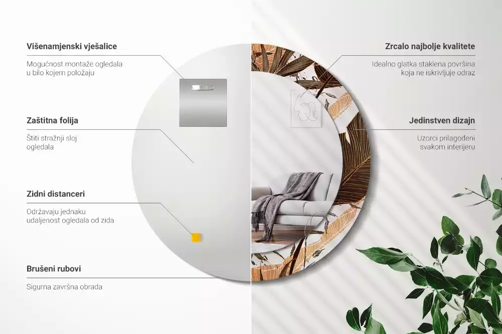 Oglindă rotundă imprimată Frunze de palmier