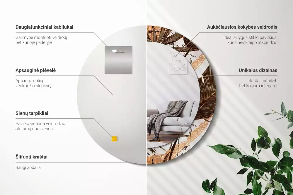 Oglindă rotundă imprimată Frunze de palmier