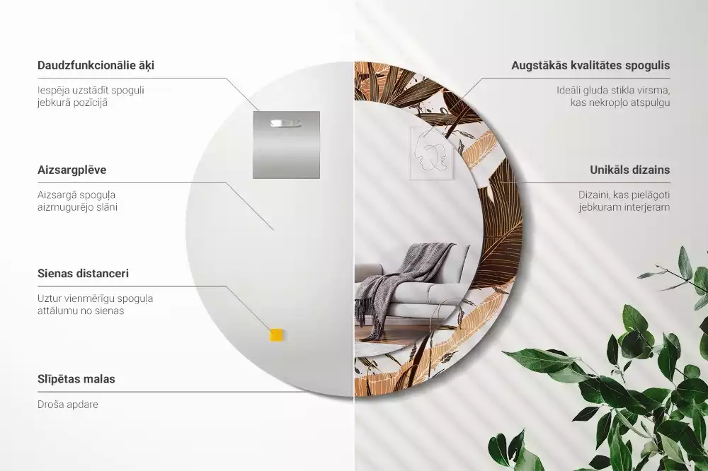 Oglindă rotundă imprimată Frunze de palmier