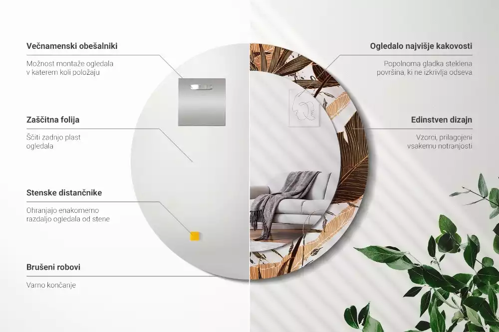 Oglindă rotundă imprimată Frunze de palmier