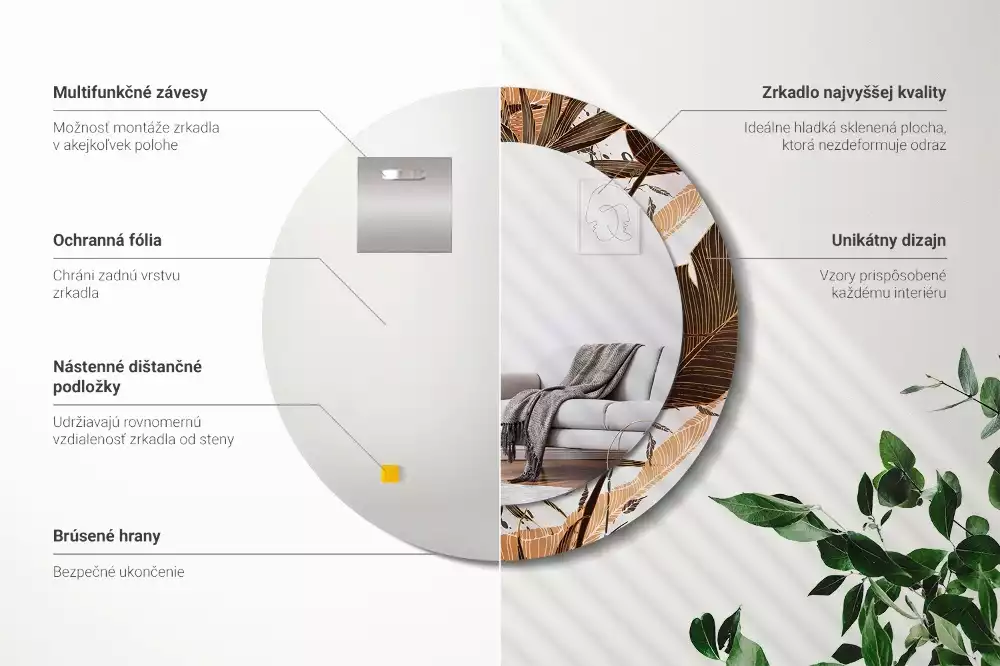 Oglindă rotundă imprimată Frunze de palmier