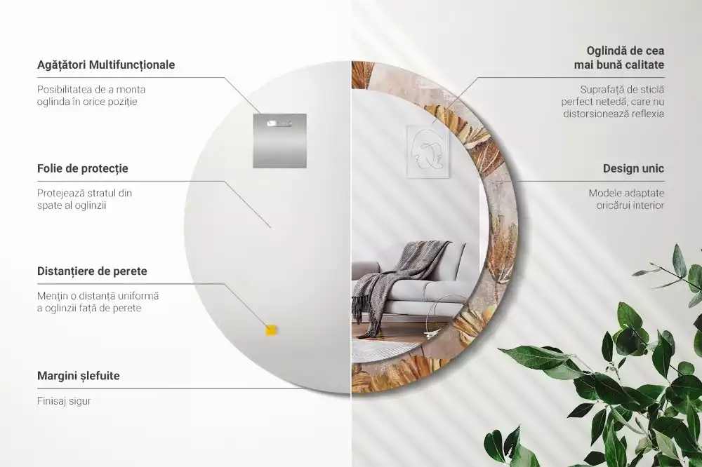 Oglindă cu decor rotundă Frunze boho