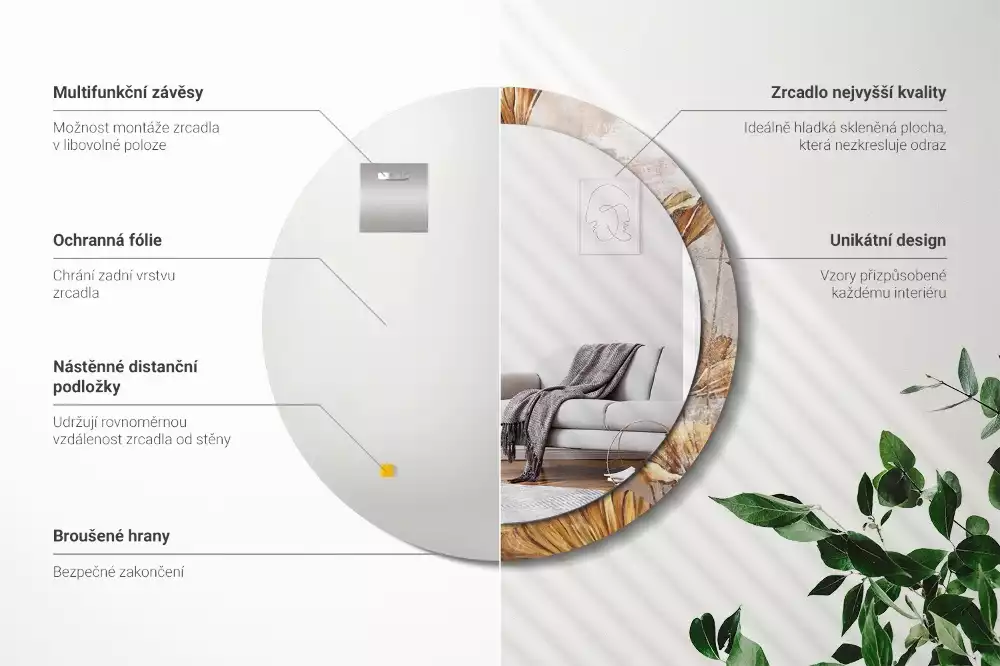 Oglindă cu decor rotundă Frunze boho