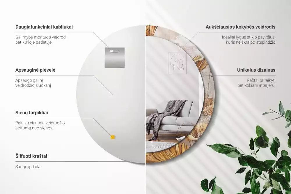 Oglindă cu decor rotundă Frunze boho