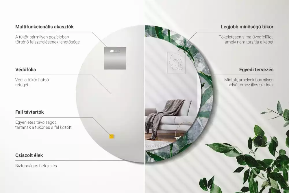 Oglindă rotundă imprimată Frunze tropicale