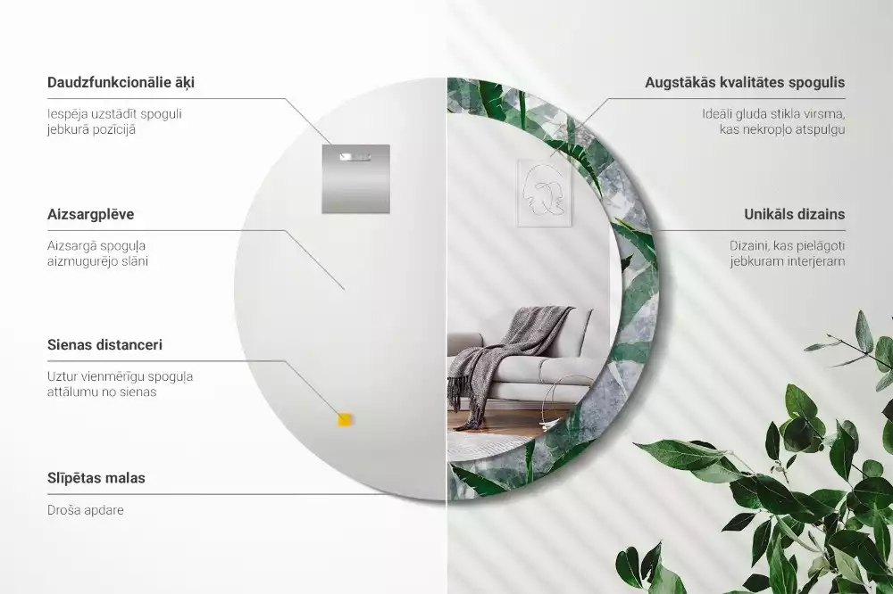 Oglindă rotundă imprimată Frunze tropicale