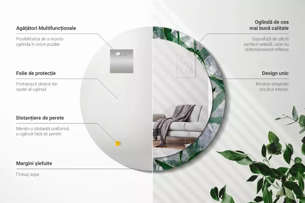 Oglindă rotundă imprimată Frunze tropicale