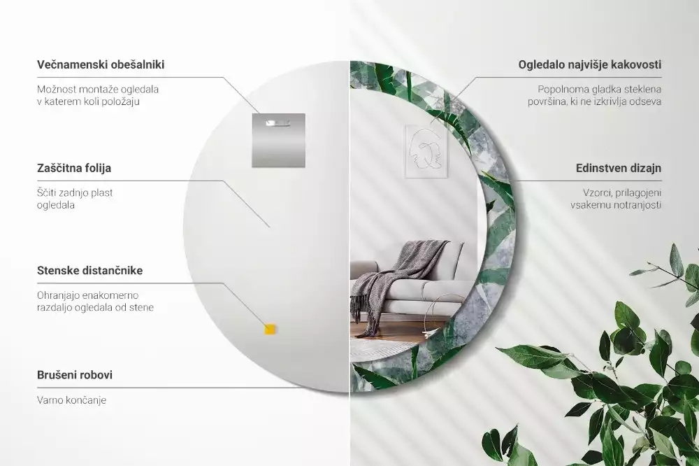 Oglindă rotundă imprimată Frunze tropicale