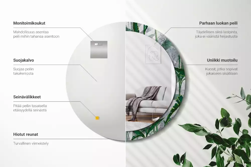 Oglindă rotundă imprimată Frunze tropicale