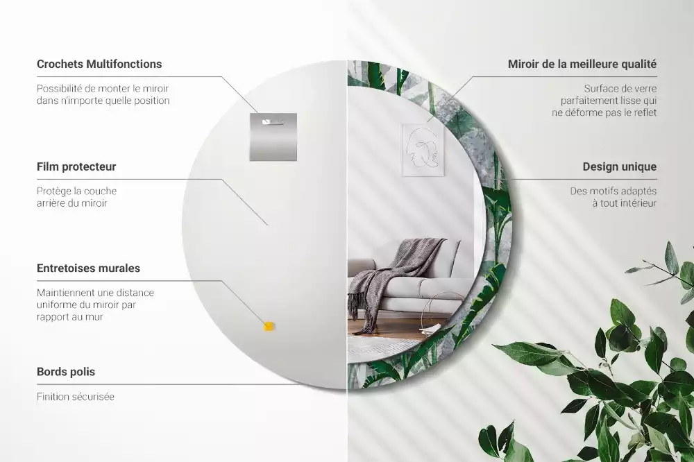 Oglindă rotundă imprimată Frunze tropicale