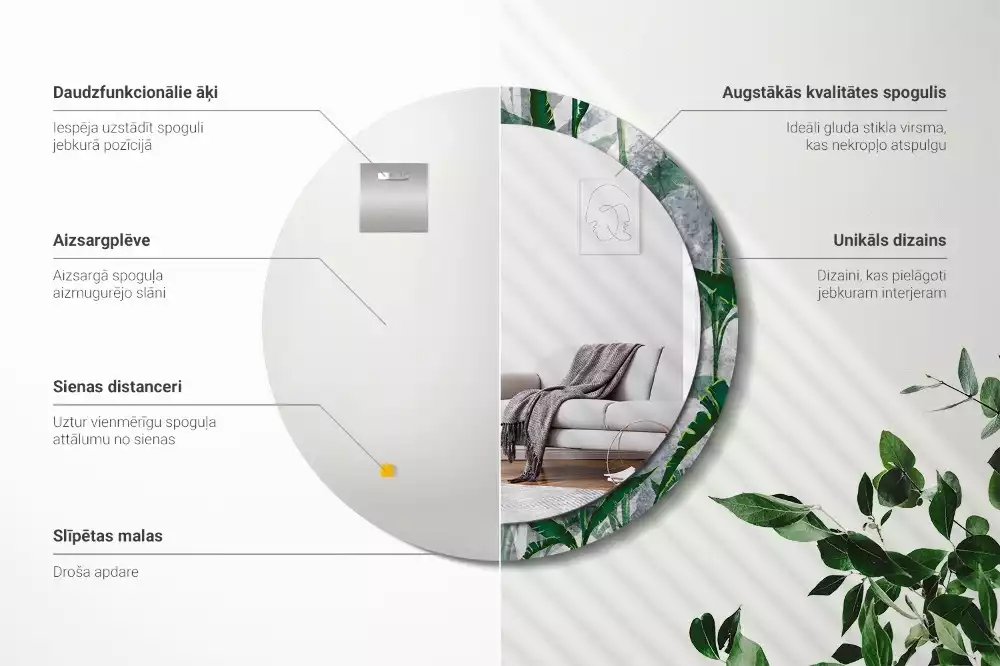 Oglindă rotundă imprimată Frunze tropicale