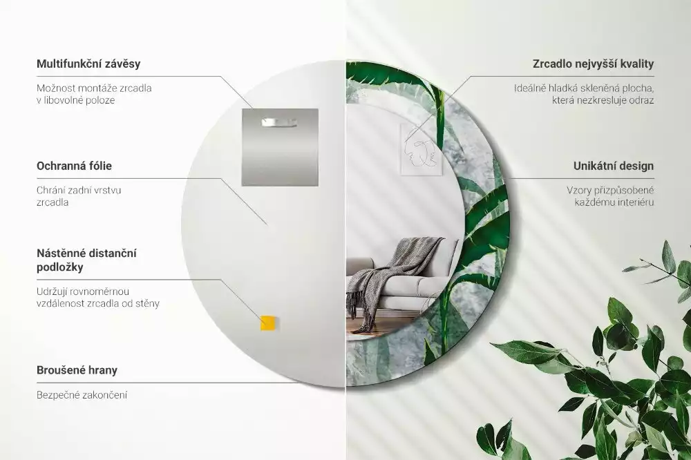 Oglindă rotundă imprimată Frunze tropicale