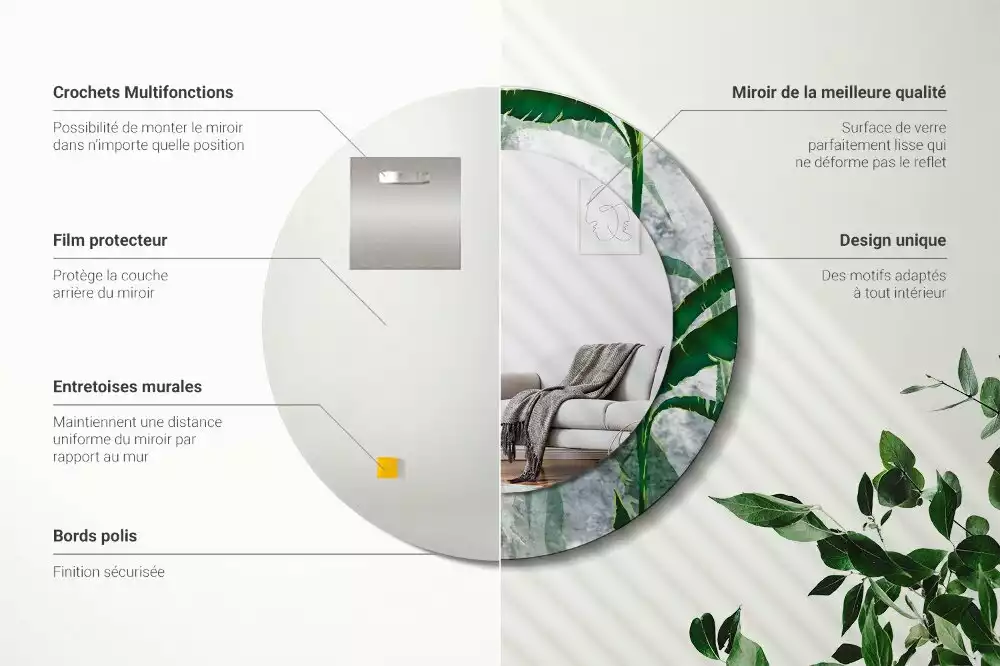 Oglindă rotundă imprimată Frunze tropicale