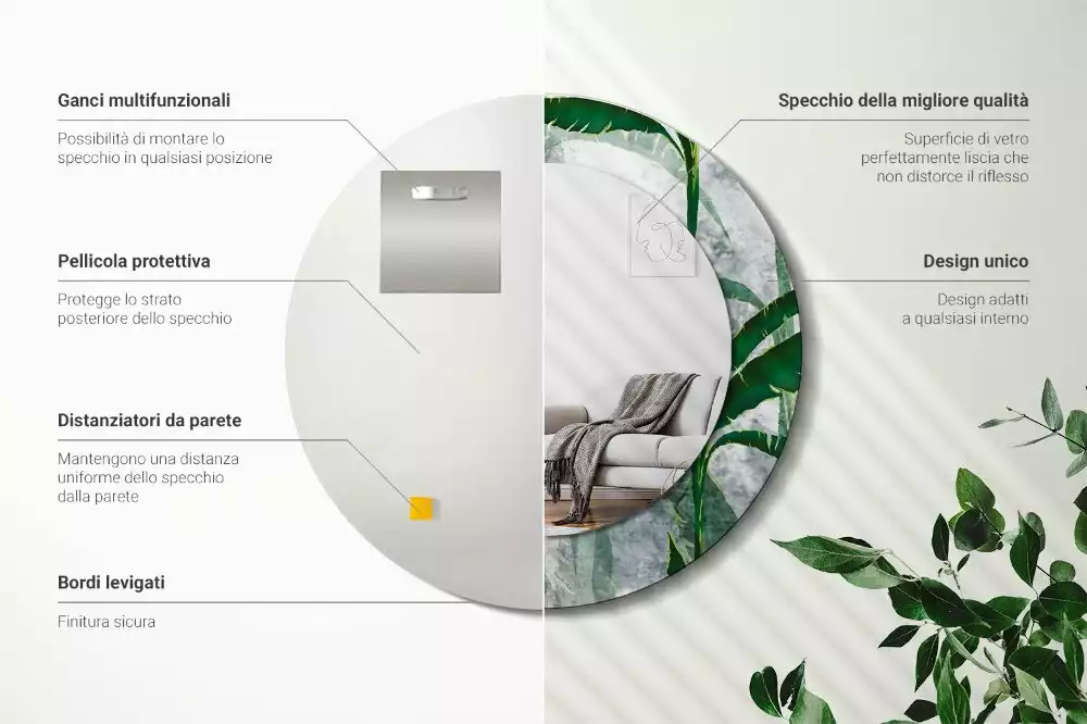 Oglindă rotundă imprimată Frunze tropicale