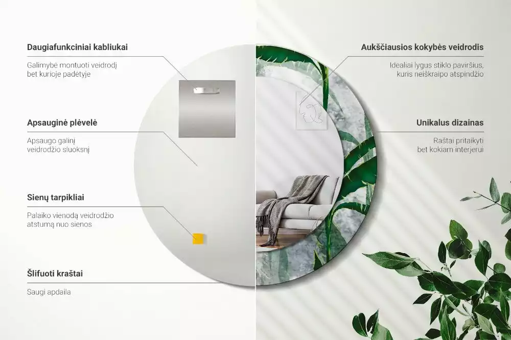 Oglindă rotundă imprimată Frunze tropicale