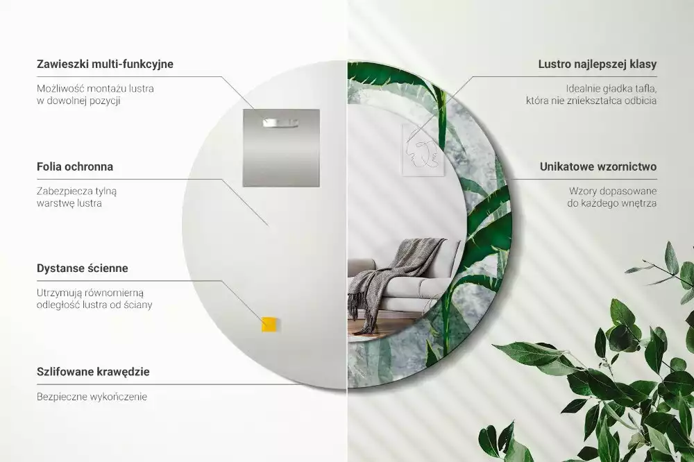 Oglindă rotundă imprimată Frunze tropicale