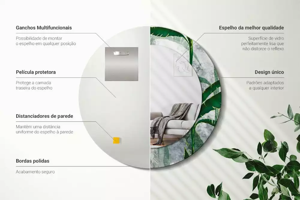 Oglindă rotundă imprimată Frunze tropicale