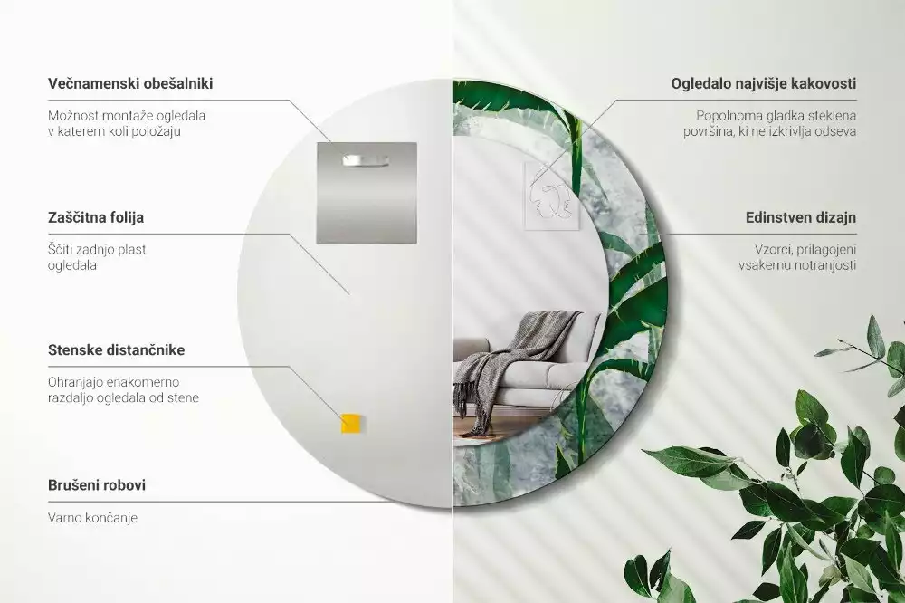 Oglindă rotundă imprimată Frunze tropicale