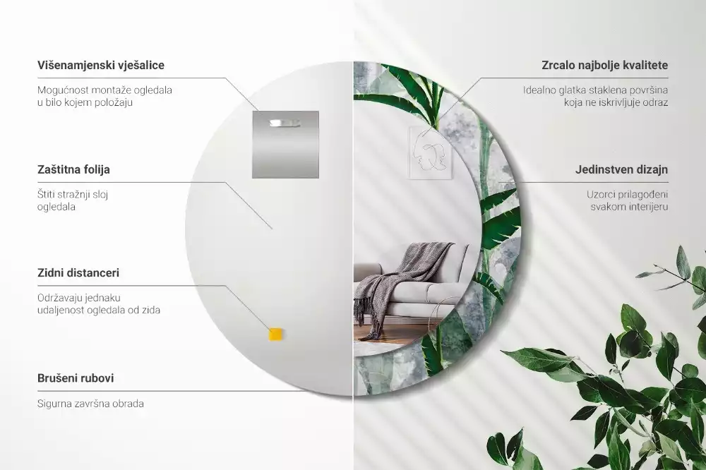Oglindă rotundă imprimată Frunze tropicale