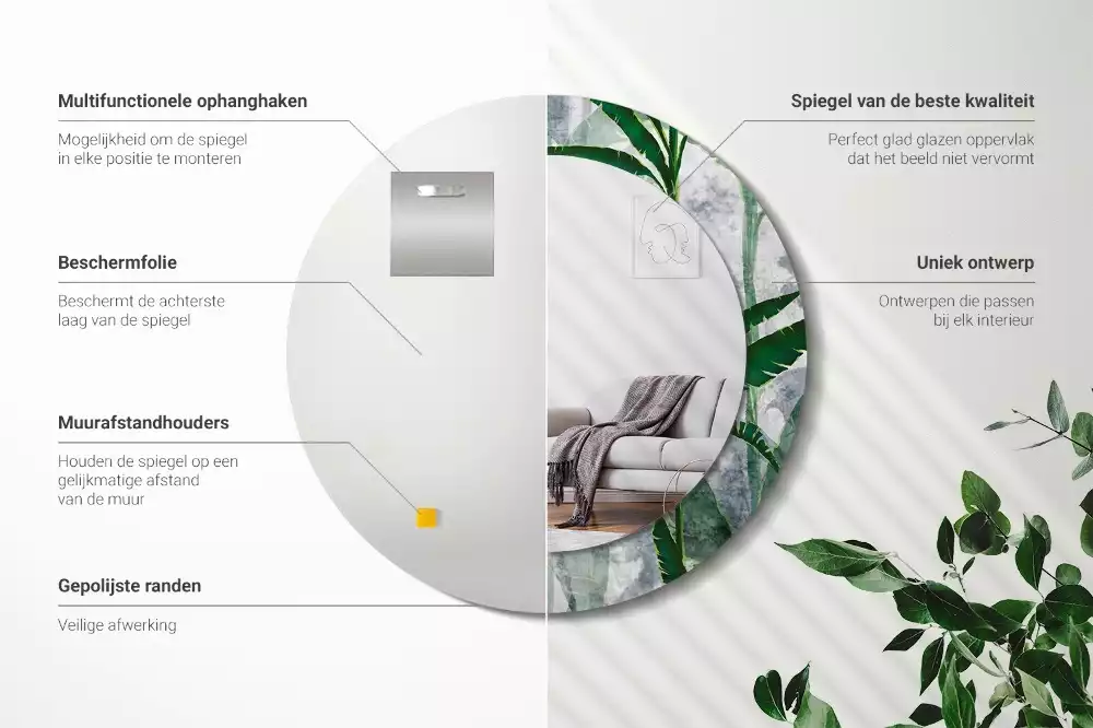 Oglindă rotundă imprimată Frunze tropicale