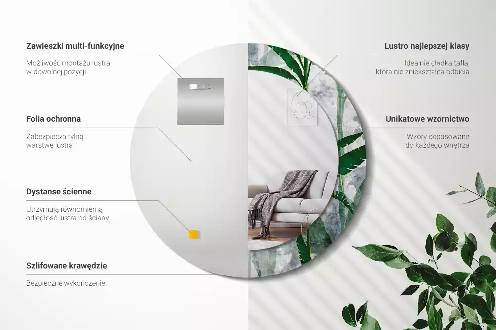 Oglindă rotundă imprimată Frunze tropicale