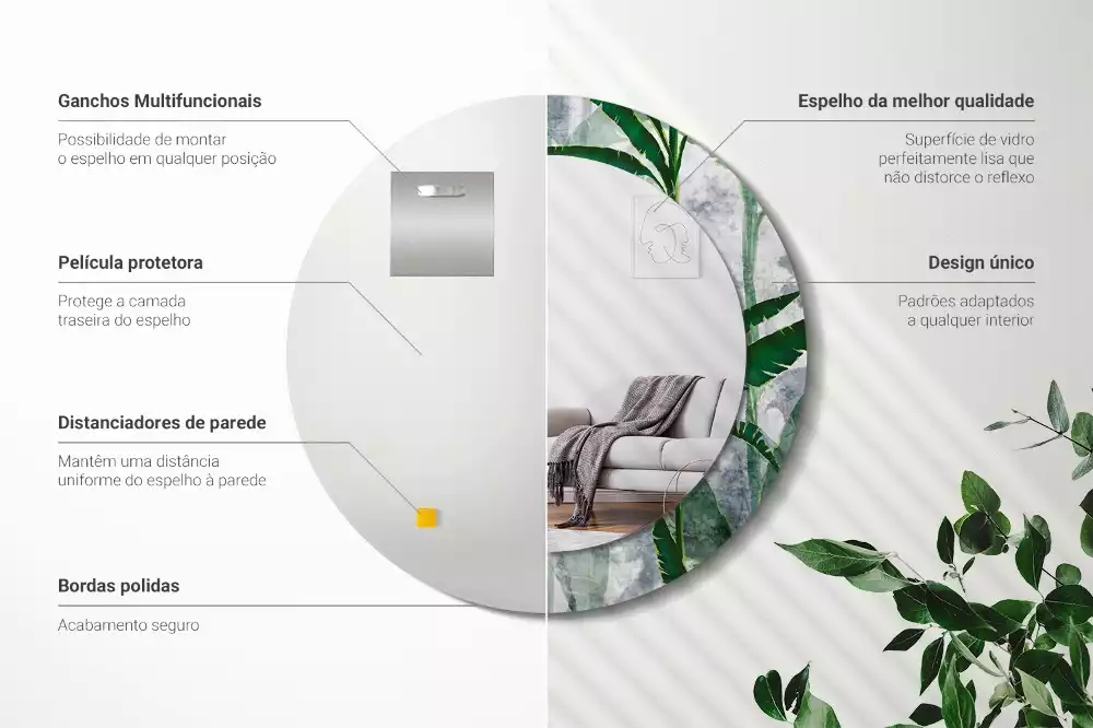 Oglindă rotundă imprimată Frunze tropicale