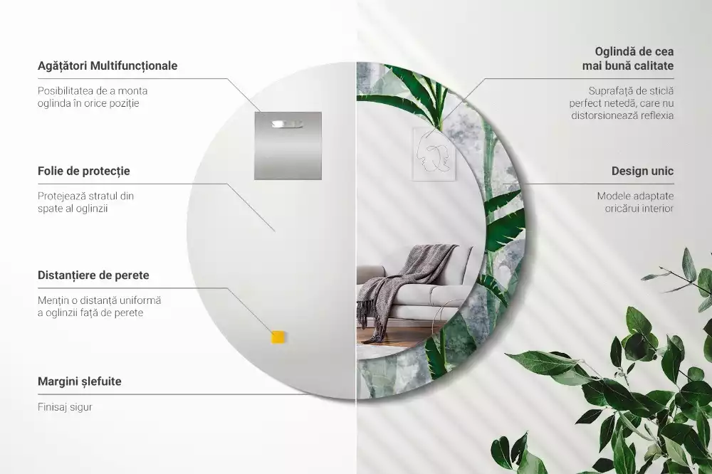 Oglindă rotundă imprimată Frunze tropicale