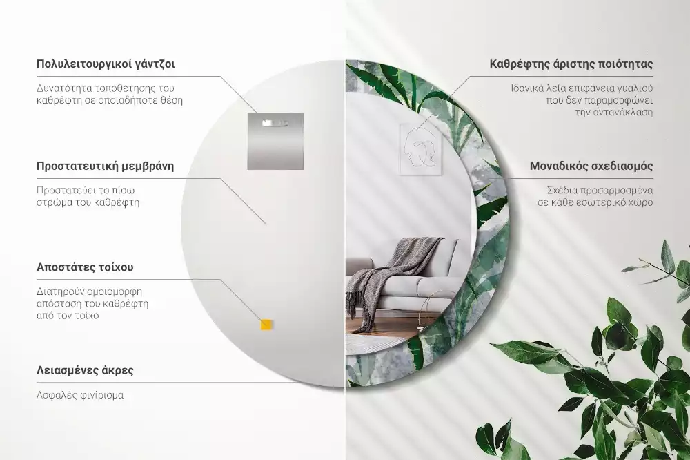 Oglindă rotundă imprimată Frunze tropicale