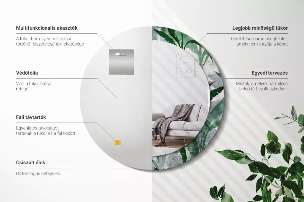 Oglindă rotundă imprimată Frunze tropicale