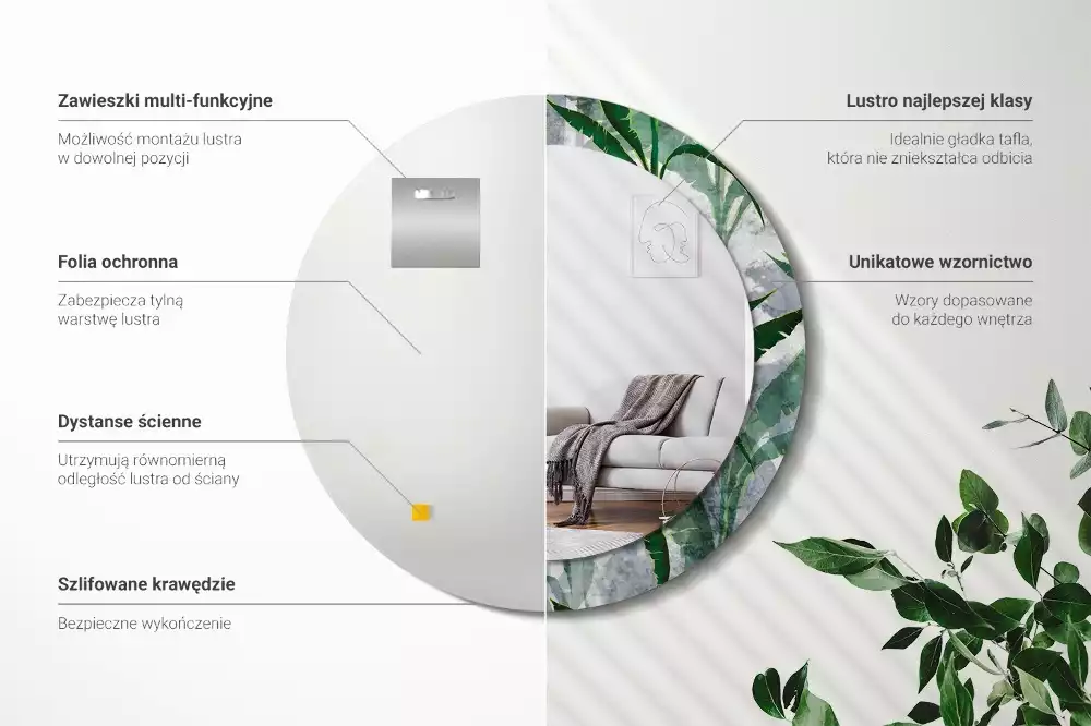 Oglindă rotundă imprimată Frunze tropicale