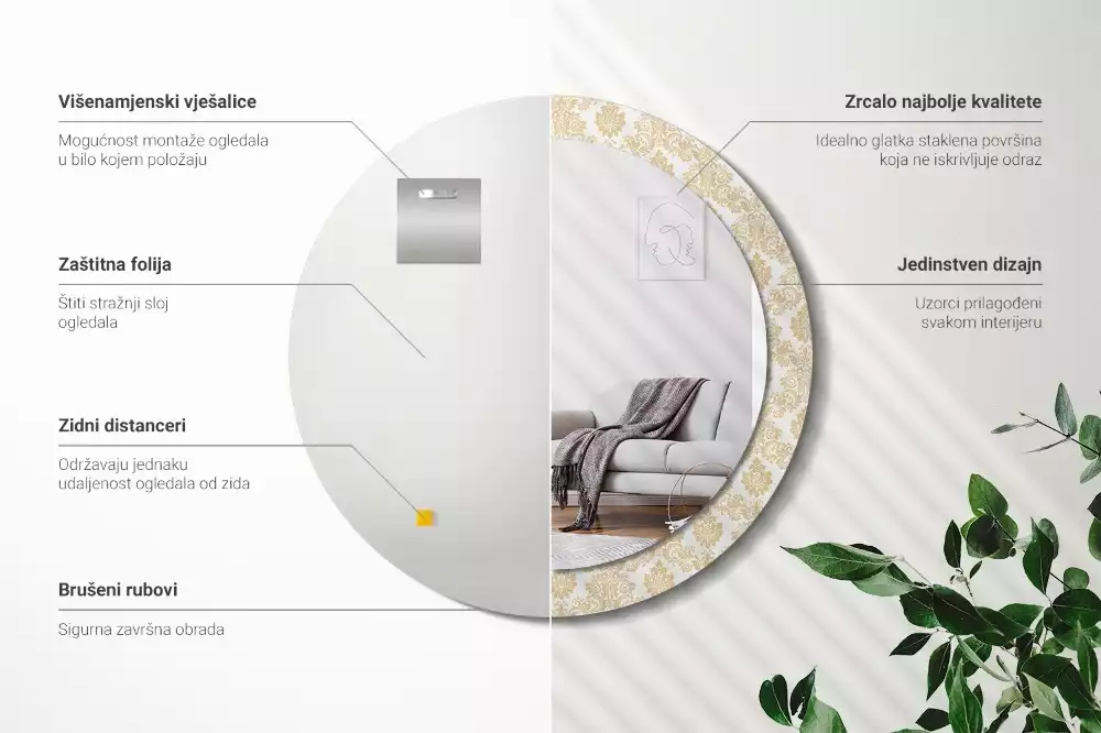 Oglindă rotundă ramă cu imprimeu Model baroc