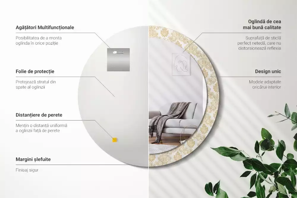 Oglindă rotundă ramă cu imprimeu Model baroc