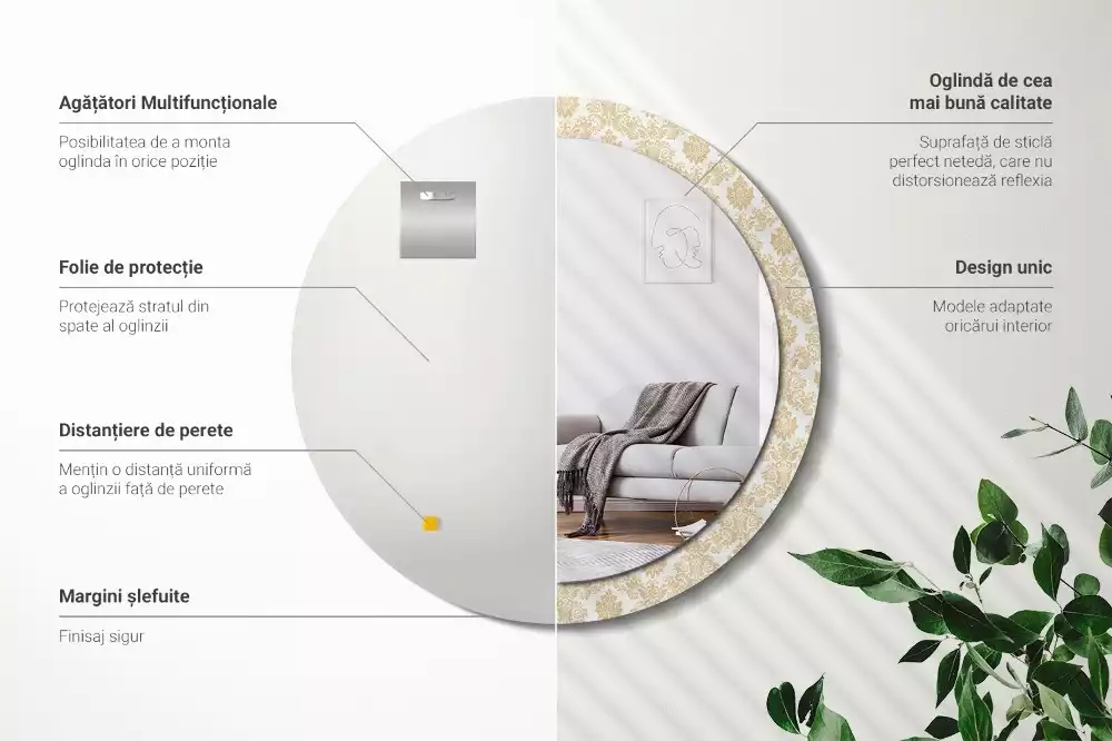 Oglindă rotundă ramă cu imprimeu Model baroc