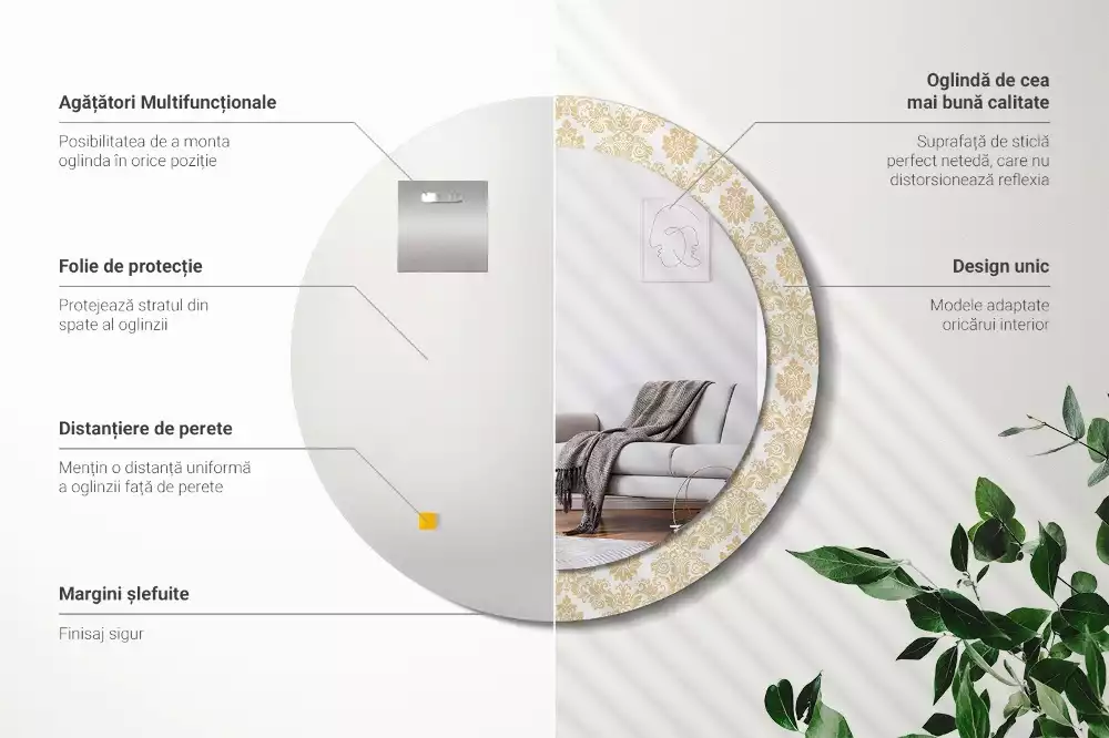 Oglindă rotundă ramă cu imprimeu Model baroc