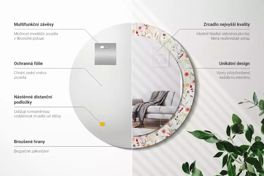 Oglindă rotundă imprimată Flori sălbatice