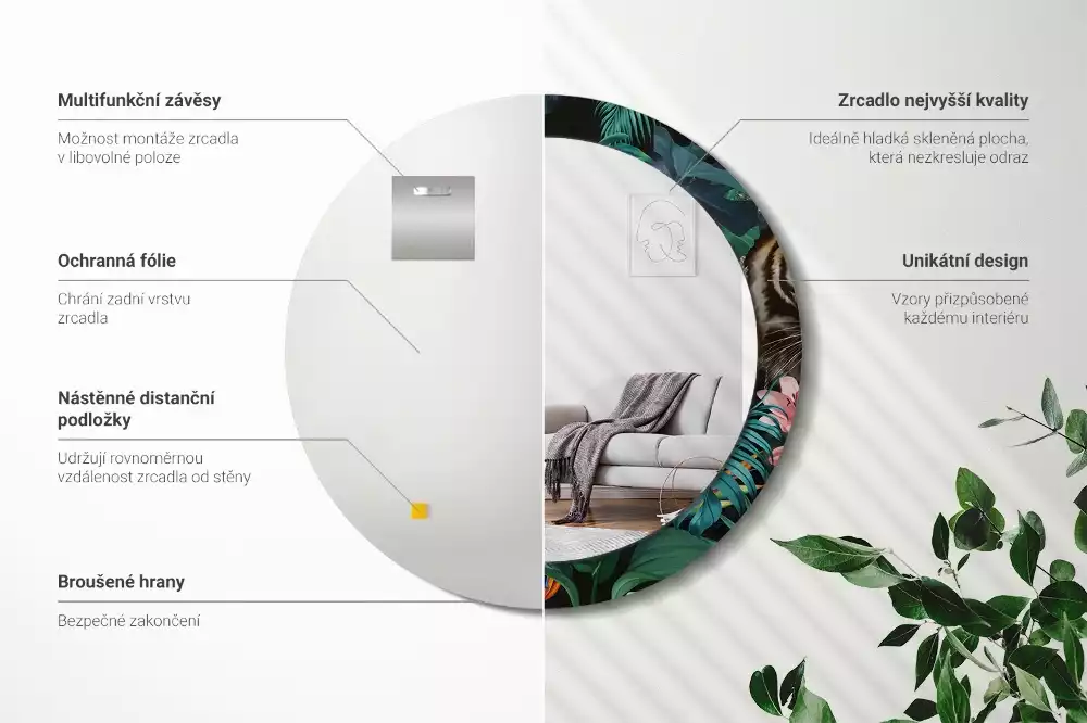 Oglindă rotundă imprimată Junglă vintage