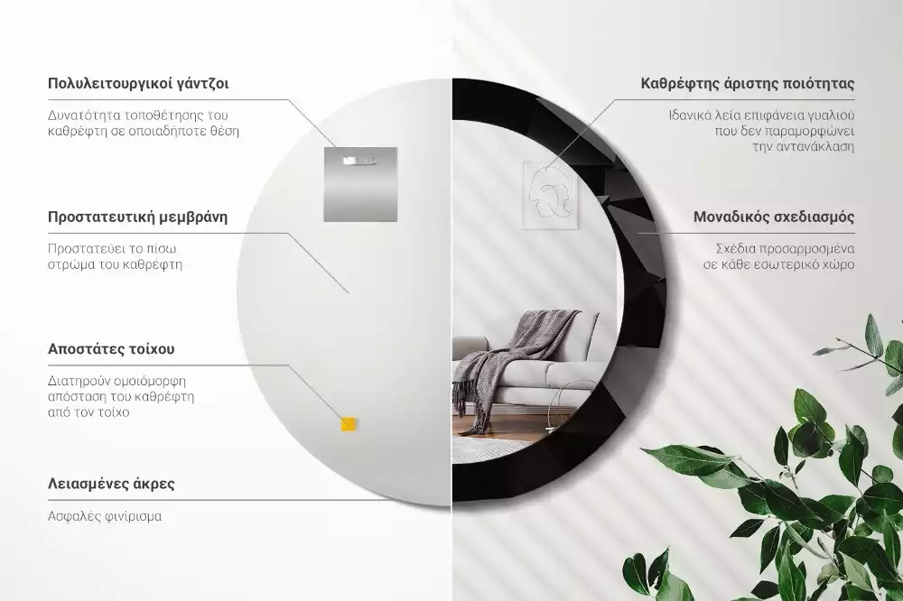 Oglindă rotundă imprimată Negru abstract