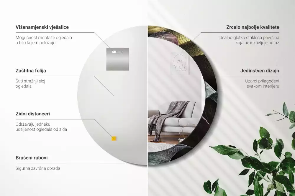 Oglindă rotundă imprimată Frunze tropicale întunecate