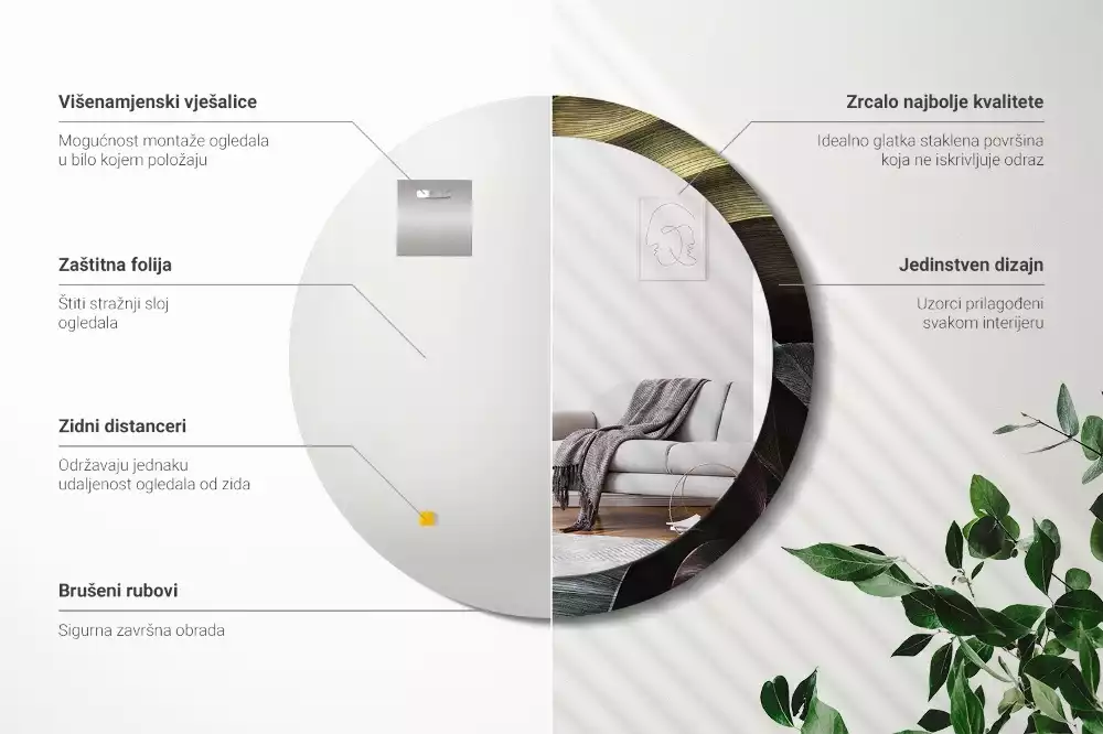 Oglindă rotundă imprimată Frunze tropicale întunecate