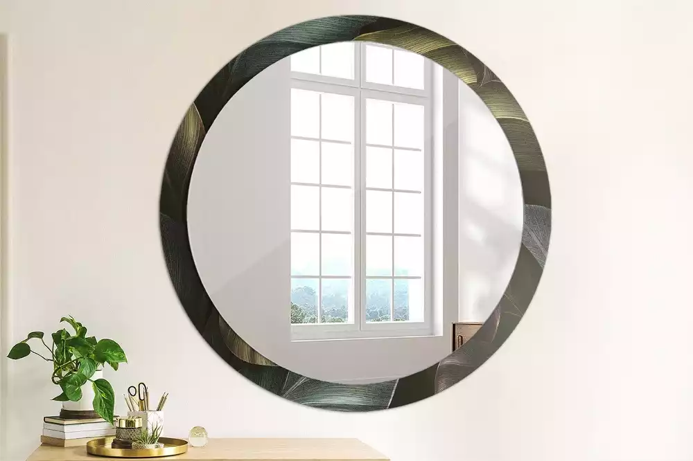 Oglindă rotundă imprimată Frunze tropicale întunecate