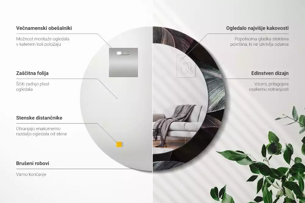 Oglindă rotundă imprimată Frunze tropicale întunecate