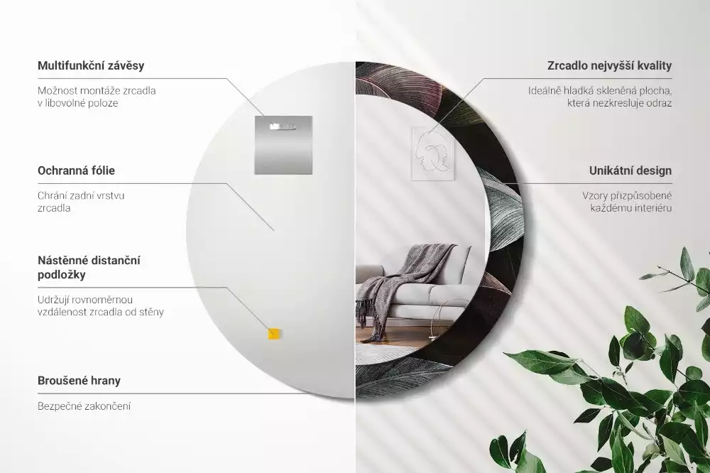 Oglindă rotundă imprimată Frunze tropicale întunecate