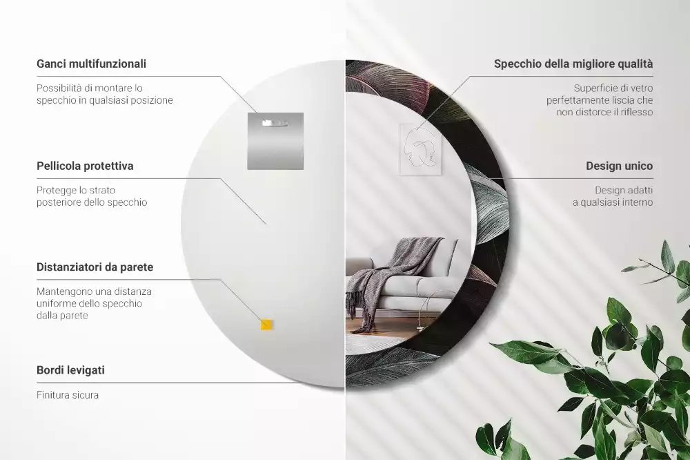 Oglindă rotundă imprimată Frunze tropicale întunecate