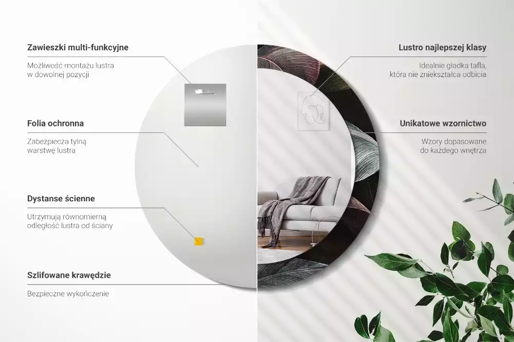 Oglindă rotundă imprimată Frunze tropicale întunecate