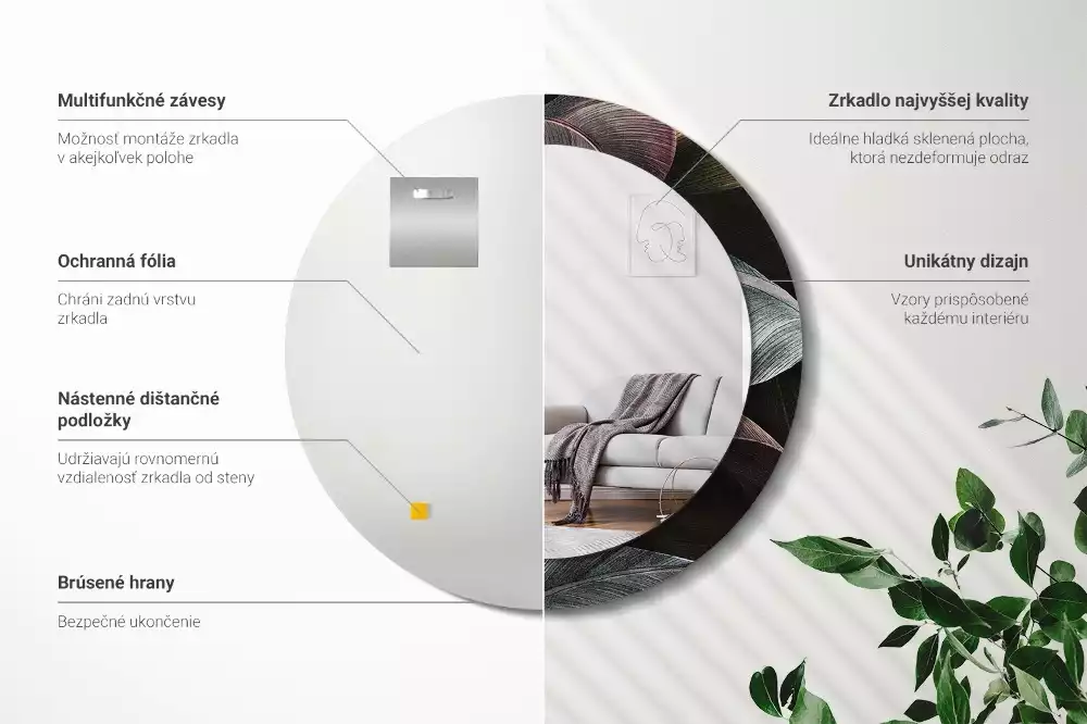 Oglindă rotundă imprimată Frunze tropicale întunecate