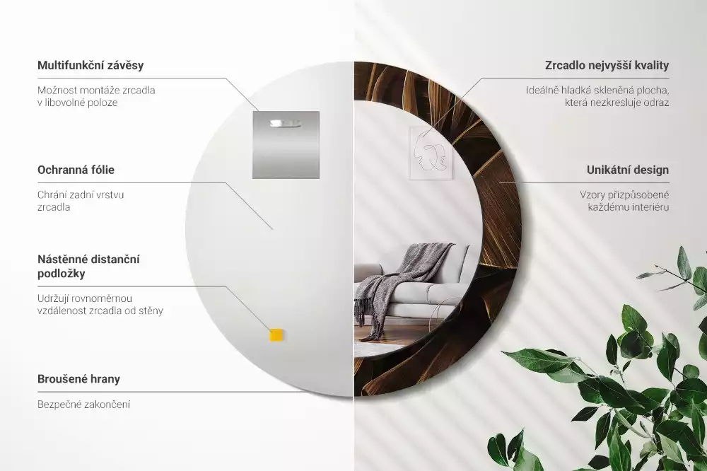 Oglindă rotundă imprimată Frunze maro de bananier