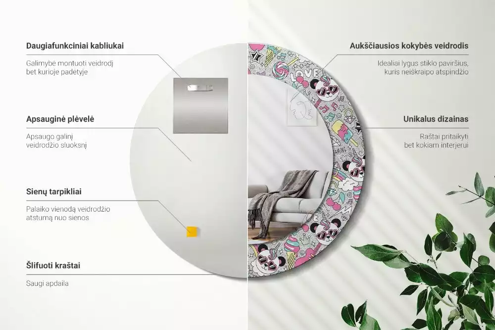 Oglindă rotundă ramă cu imprimeu Panda unicorn