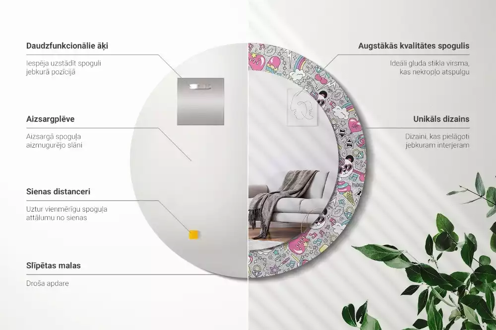 Oglindă rotundă ramă cu imprimeu Panda unicorn