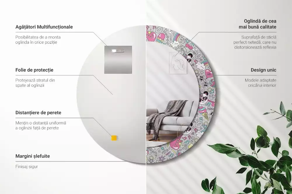 Oglindă rotundă ramă cu imprimeu Panda unicorn